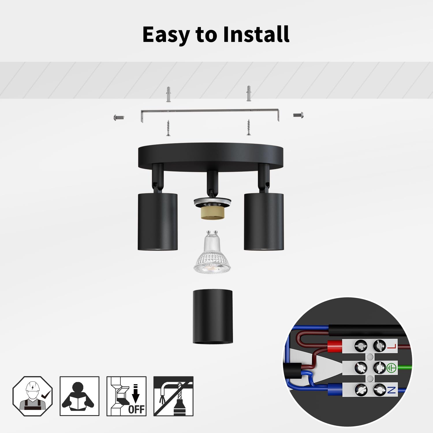 Black ceiling light fixture with installation diagram and tools on a white background