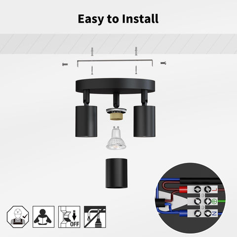 Black ceiling light fixture with installation diagram and tools on a white background