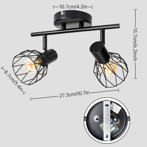 Black ceiling light fixture with measurements on a gray background