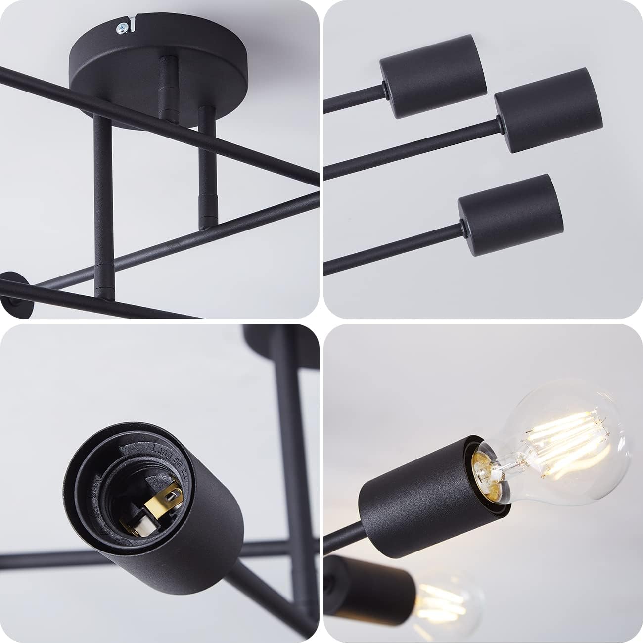 Black ceiling light fixture with multiple arms and a bulb, shown from different angles.