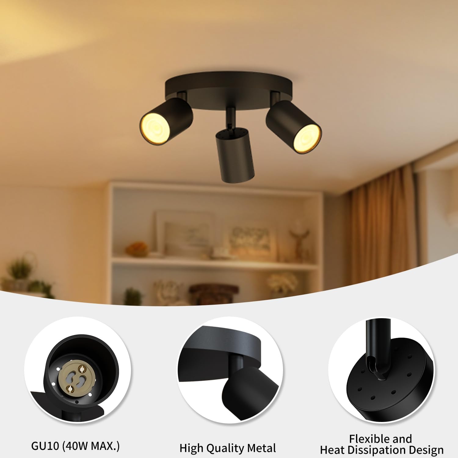Black ceiling light fixture with three adjustable lights in a room setting, featuring GU10 socket details.