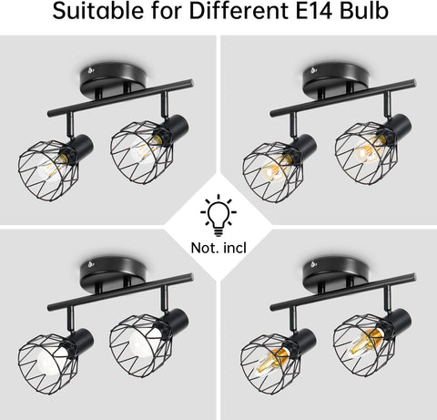 Black ceiling light fixture with three lampshades on a white background