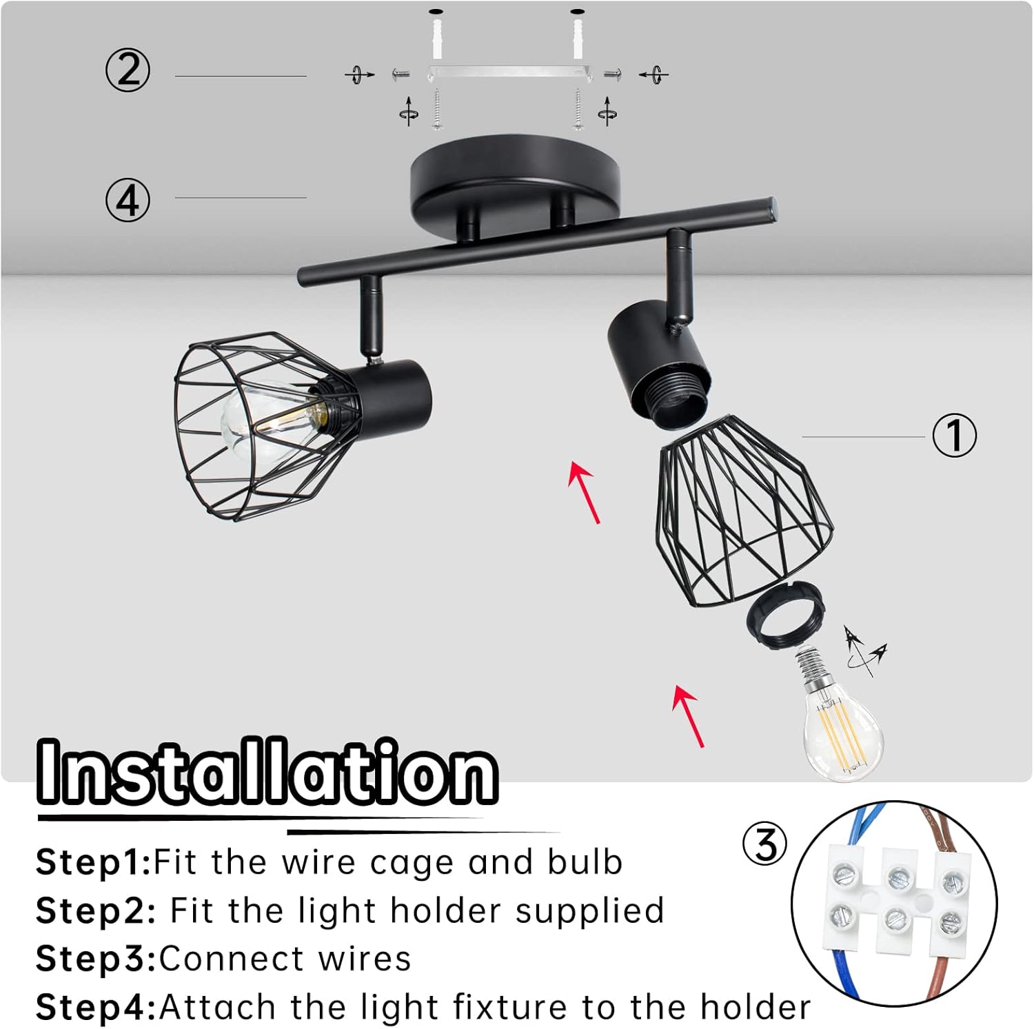 Black ceiling light fixture with wire cage design, installation steps shown, and bulb illustration.