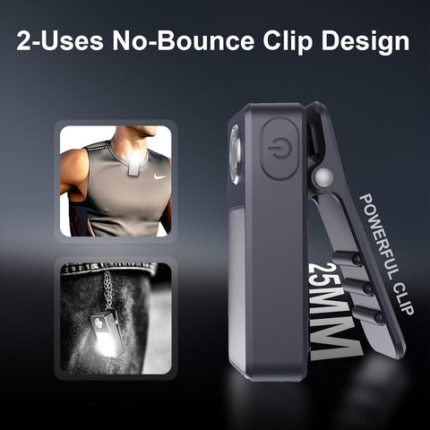 Black clip with LED light feature, showing usage on a person and a necklace.