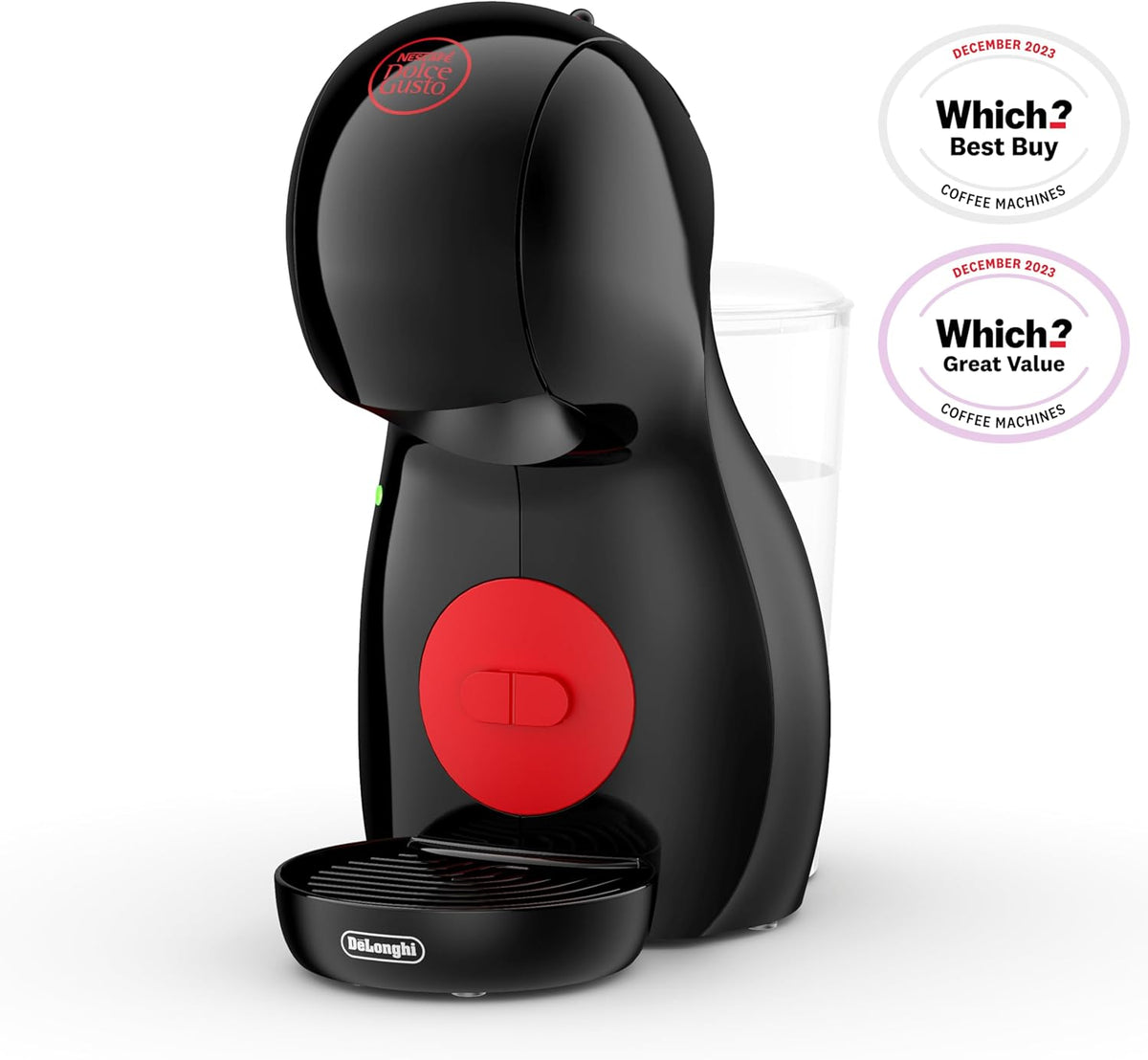 Black coffee machine with a red button on a white background, featuring Which? awards.