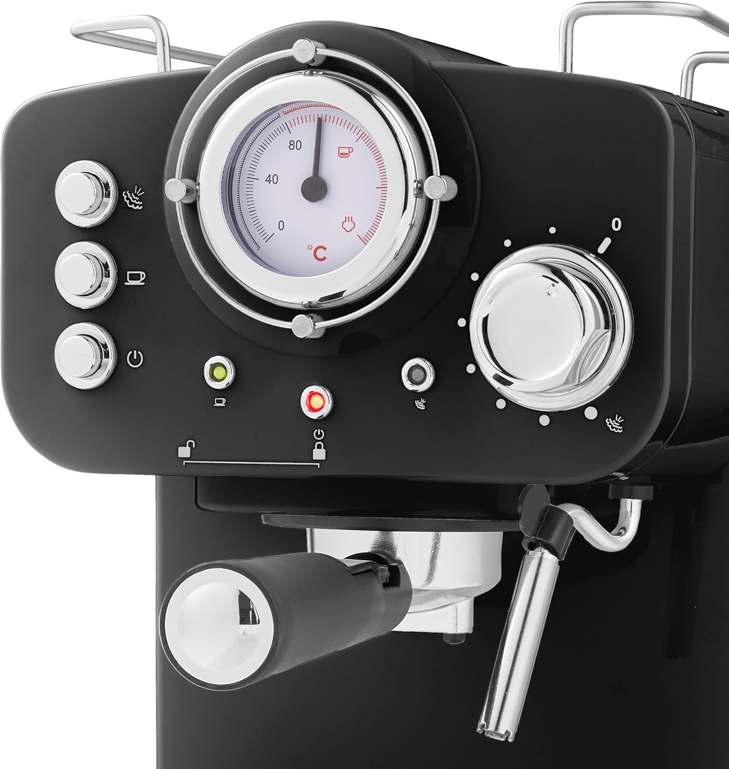 Black coffee machine with control panel and gauge on a white background