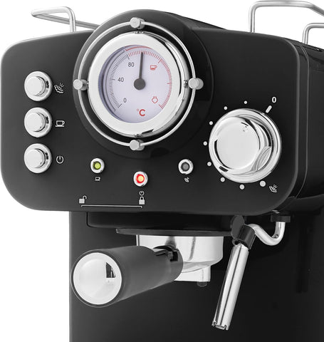 Black coffee machine with control panel and gauge on a white background