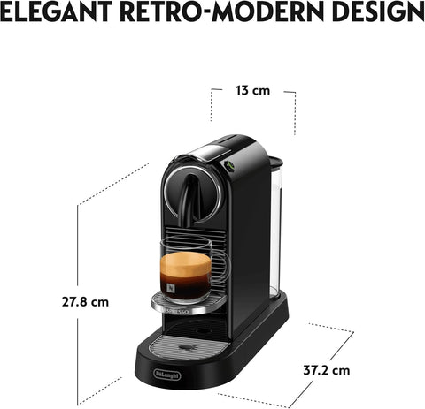 Black coffee machine with dimensions labeled on a white background