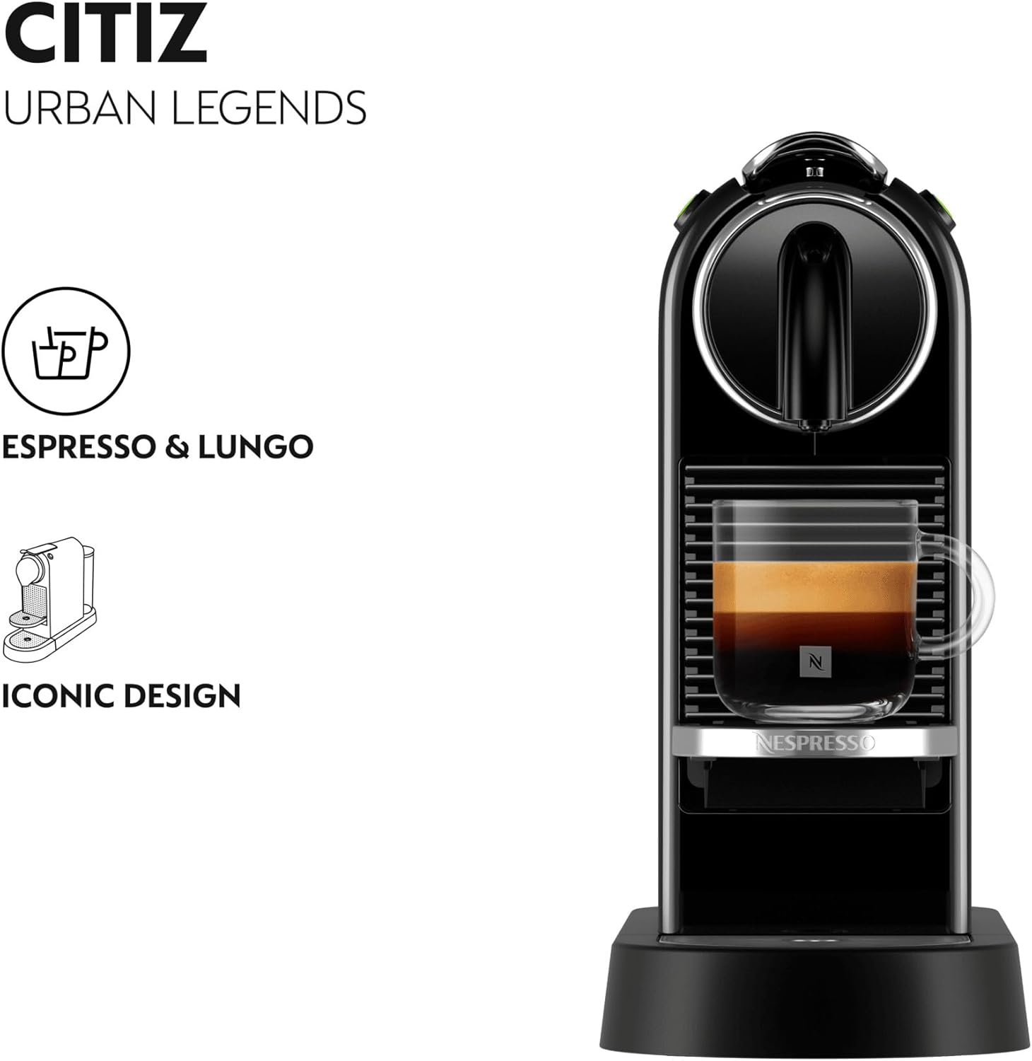 Black coffee machine with espresso text on a white background