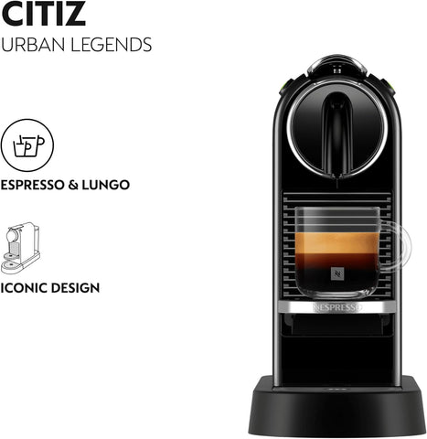 Black coffee machine with espresso text on a white background