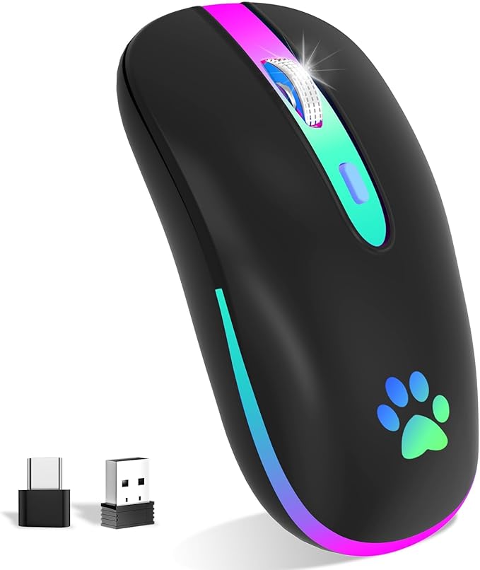 Black computer mouse with colorful accents and two USB接收器 on a white background