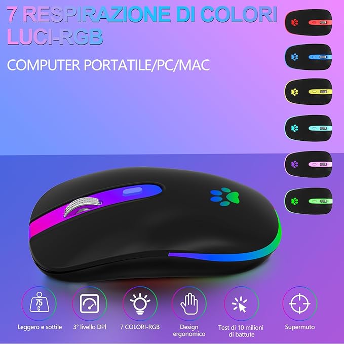 Black computer mouse with RGB lighting on a purple background, featuring different color options.