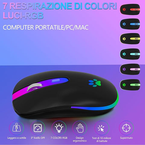 Black computer mouse with RGB lighting on a purple background, featuring different color options.
