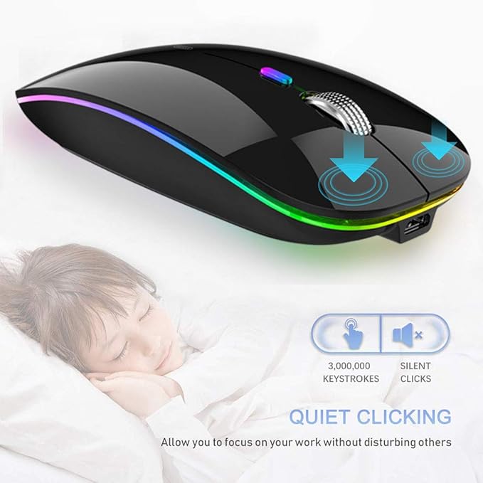 Black computer mouse with RGB lighting on a white background, featuring text about its features.
