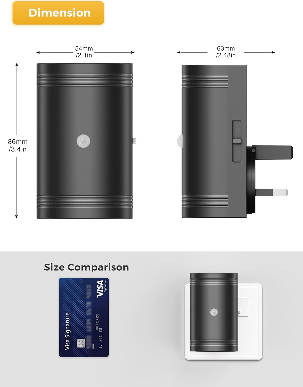 Black cylindrical device with dimensions and size comparison to a Visa card on a white background
