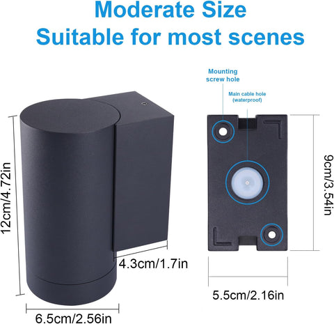Black cylindrical device with measurements and text indicating suitability for most scenes