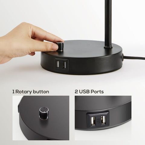Black desk lamp with rotary button and USB ports on a white background