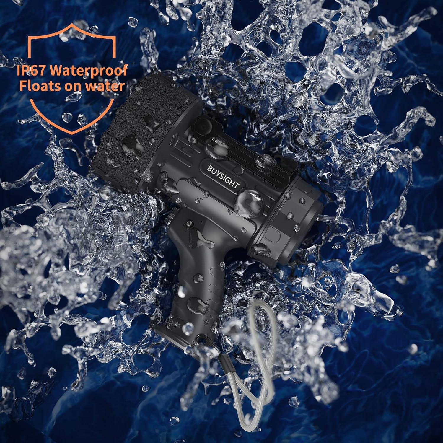 Black device with 'BUYSIGHT' branding floating on water, surrounded by splashes.