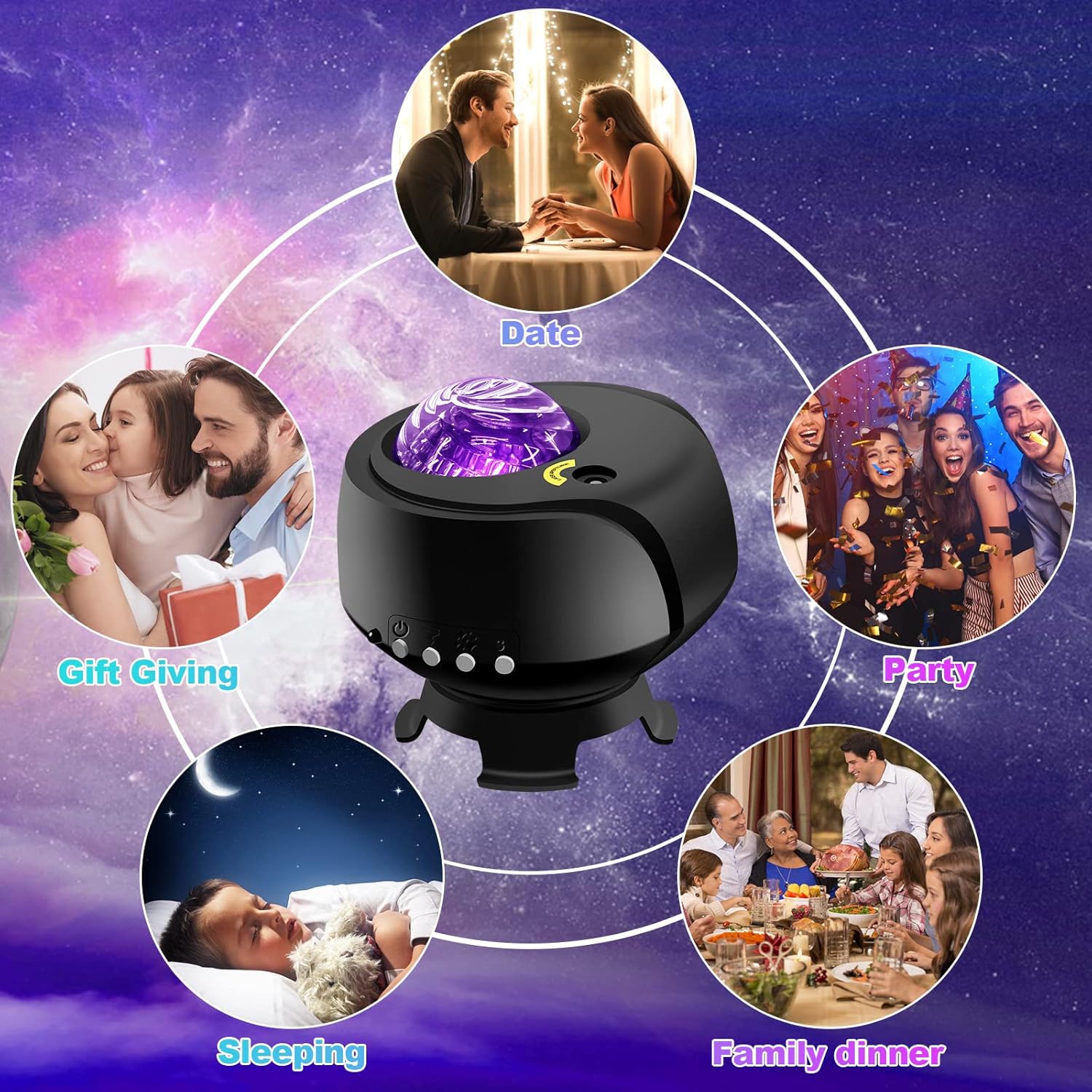 Black device with purple light on a starry background with various scenarios around it.