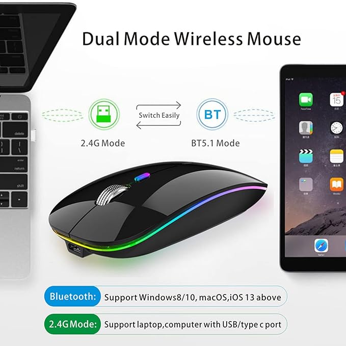 Black dual-mode wireless mouse with laptop and tablet on a white background