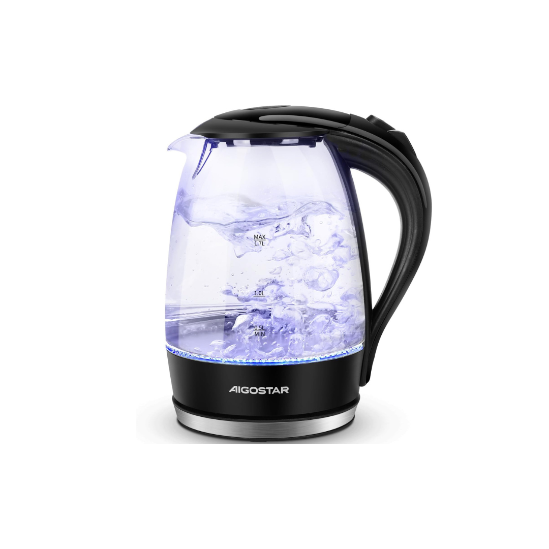 Black electric kettle with clear glass body on a white background, featuring the Aigostar brand.