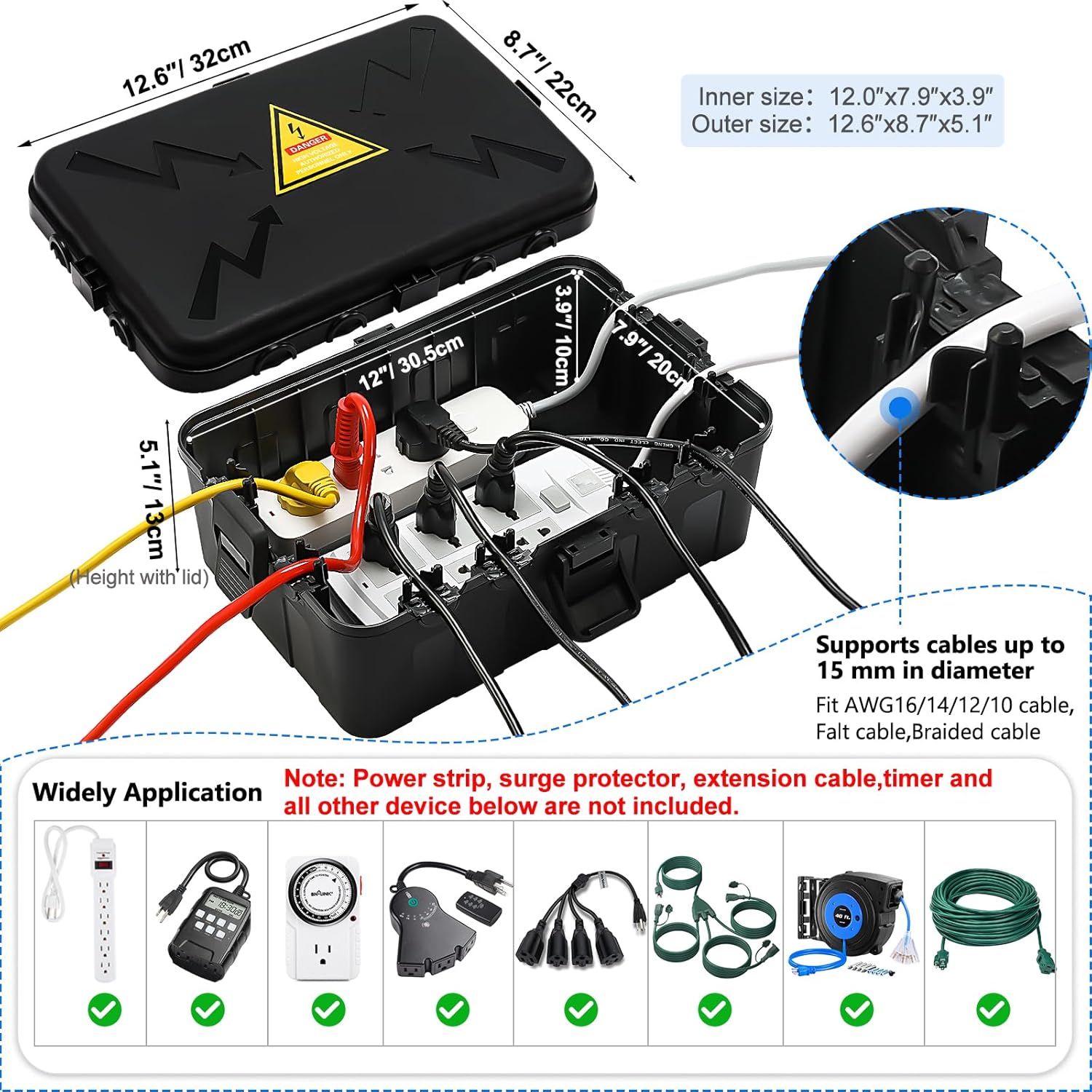 Black electrical cable management box with wiring and specifications on a white background