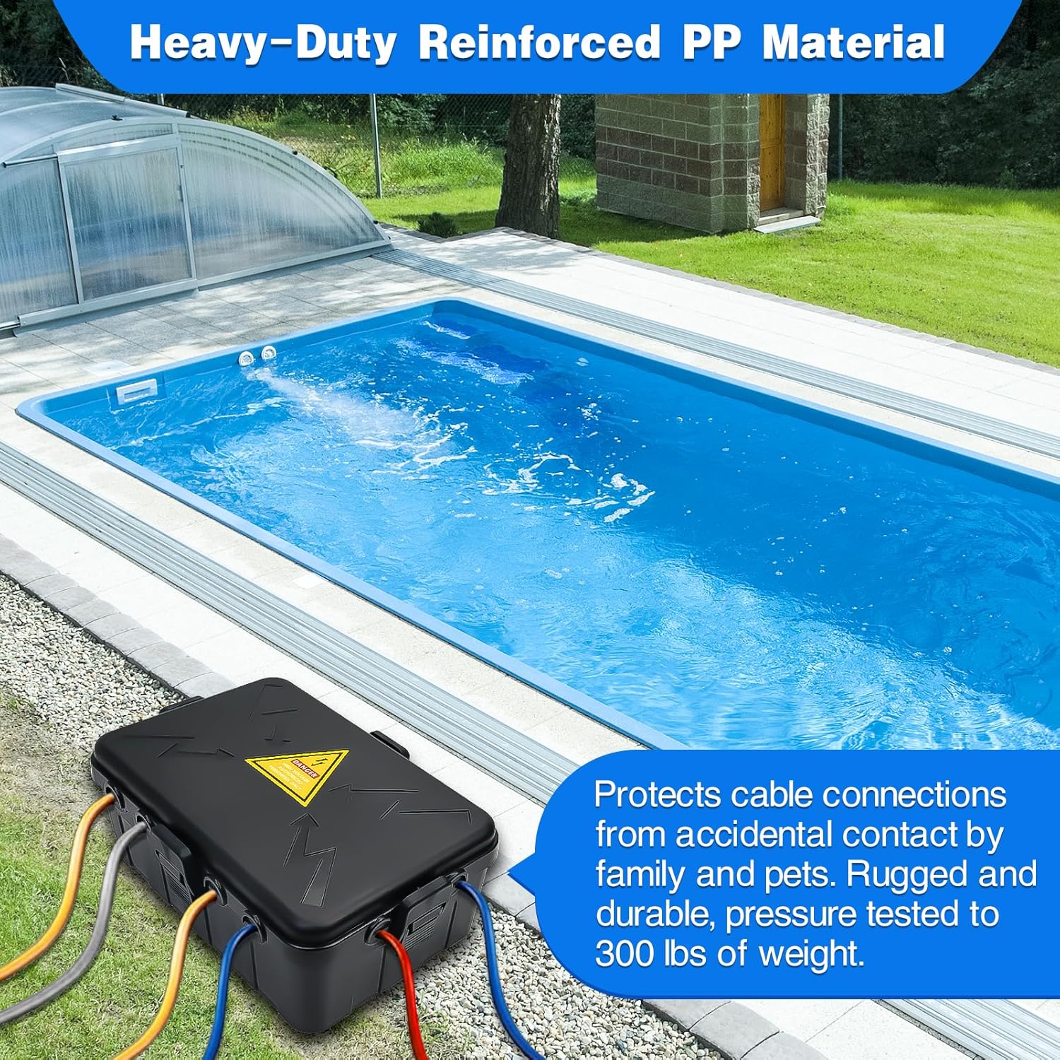 Black electrical junction box with cables near a pool, featuring text about material and safety.