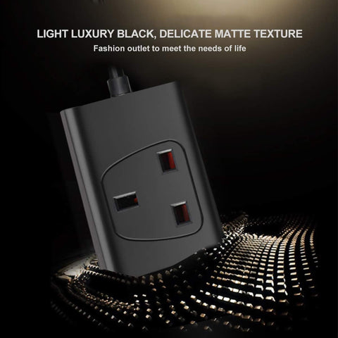 Black electrical outlet with text on a dark background