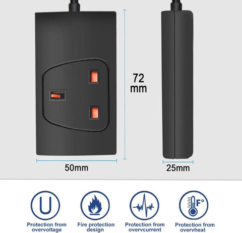 Black electrical plug with dimensions and safety features on a white background