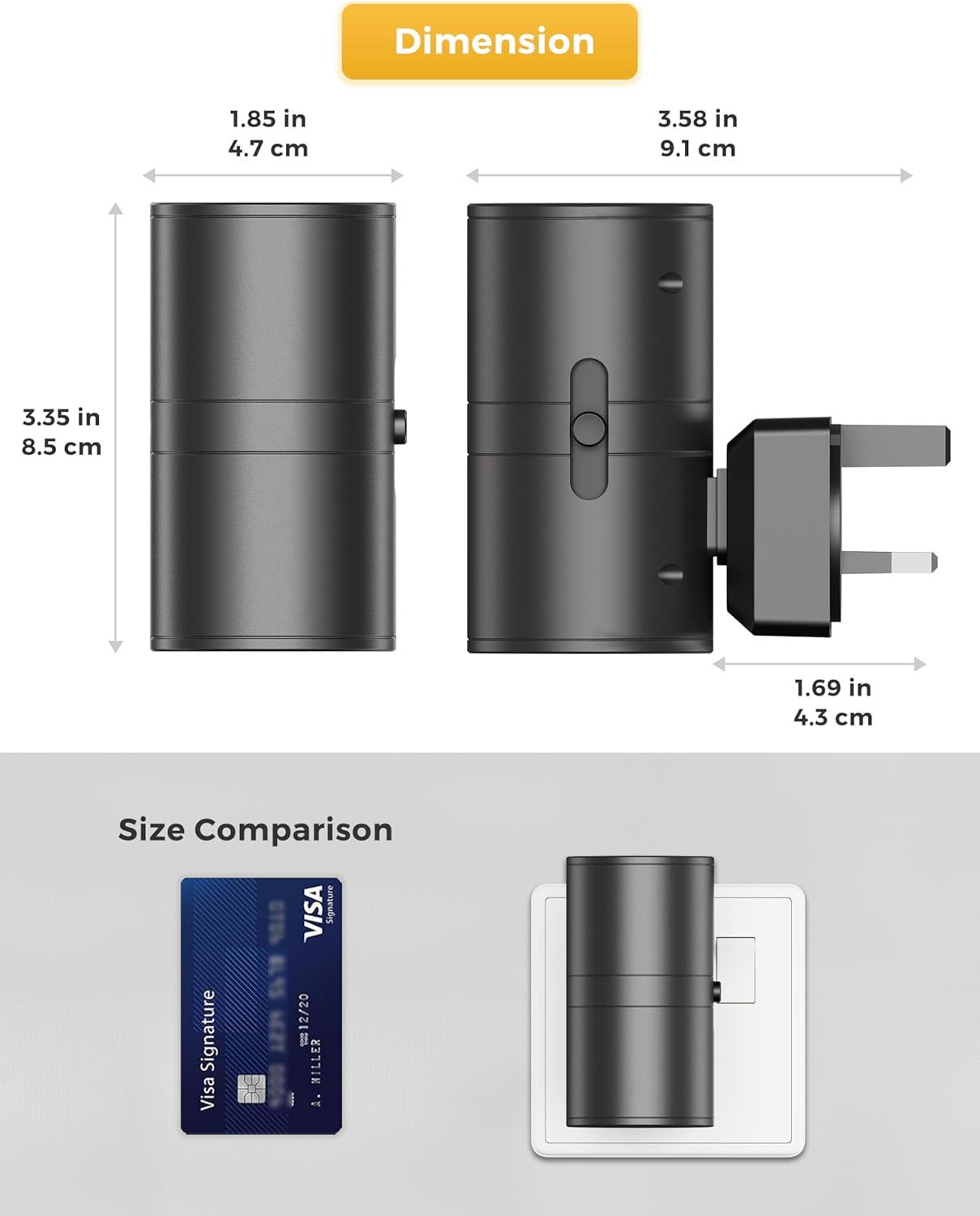 Black electronic device with dimensions and size comparison to a Visa card on a white background