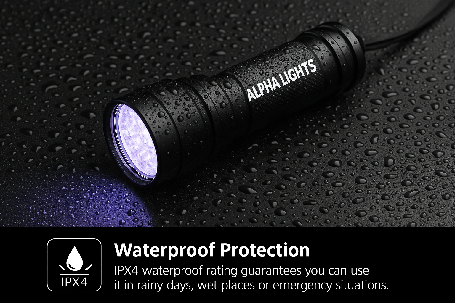 Black flashlight with 'Alpha Lights' branding on a wet surface, highlighting waterproof protection feature.