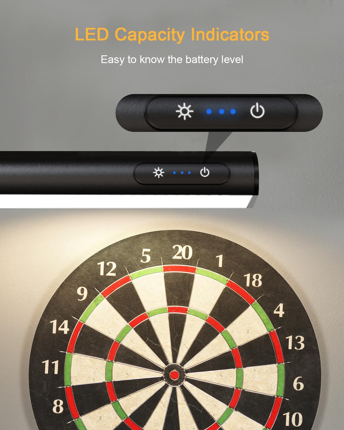 Black flashlight with LED capacity indicators shown above a dartboard.