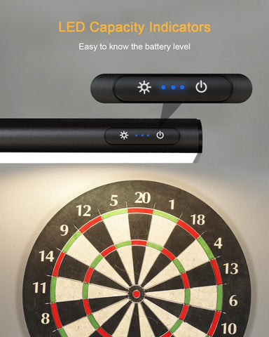 Black flashlight with LED capacity indicators shown above a dartboard.