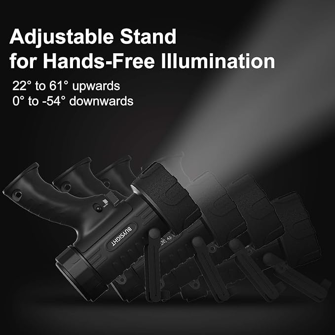 Black flashlight with adjustable stand on a dark background