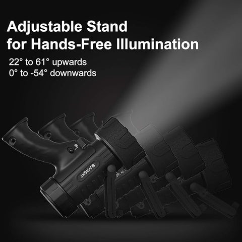 Black flashlight with adjustable stand on a dark background