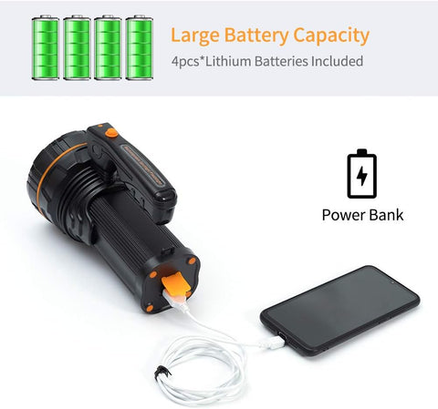 Black flashlight with power bank feature, connected to a phone, on a white background.