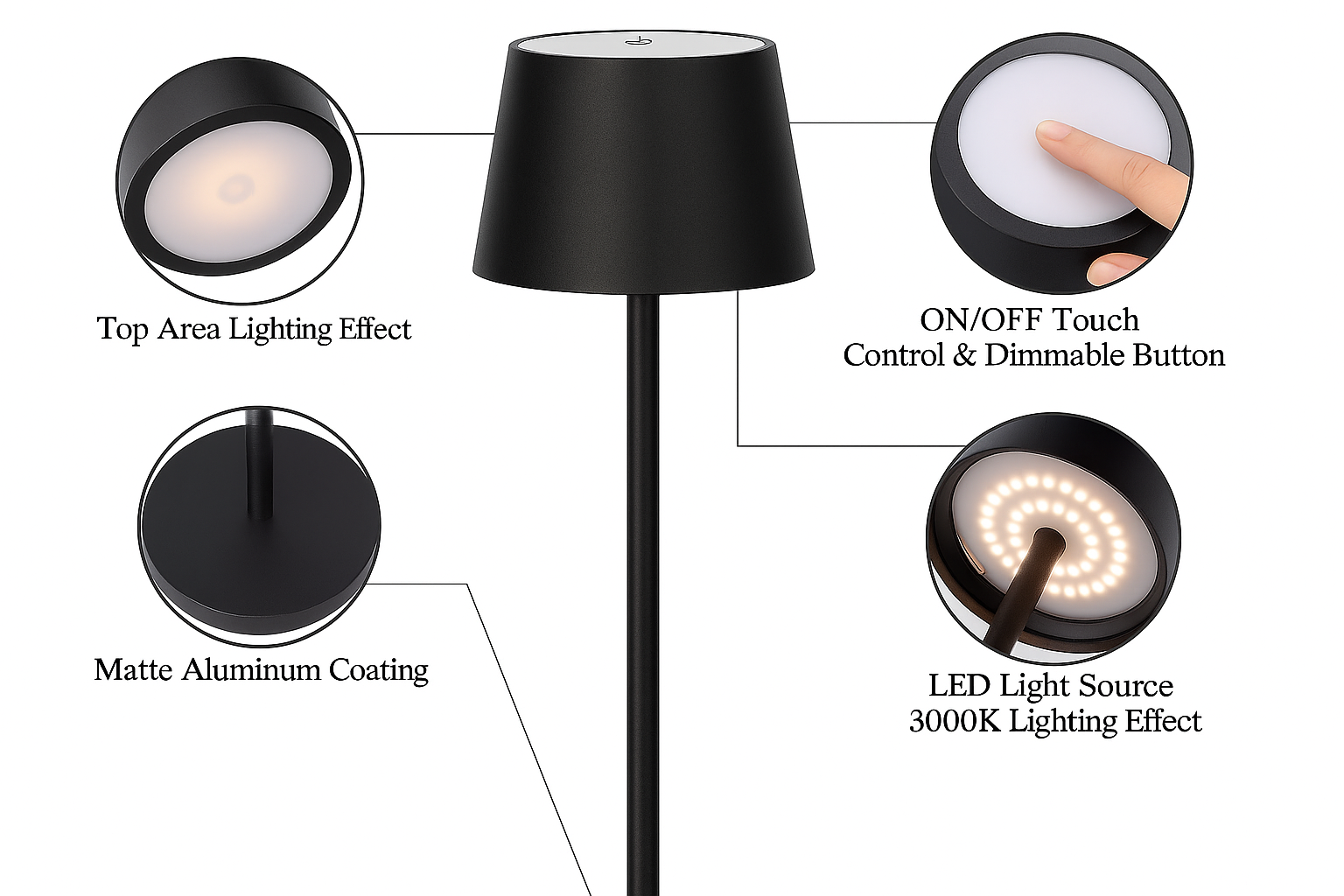Black floor lamp with features highlighted on a white background