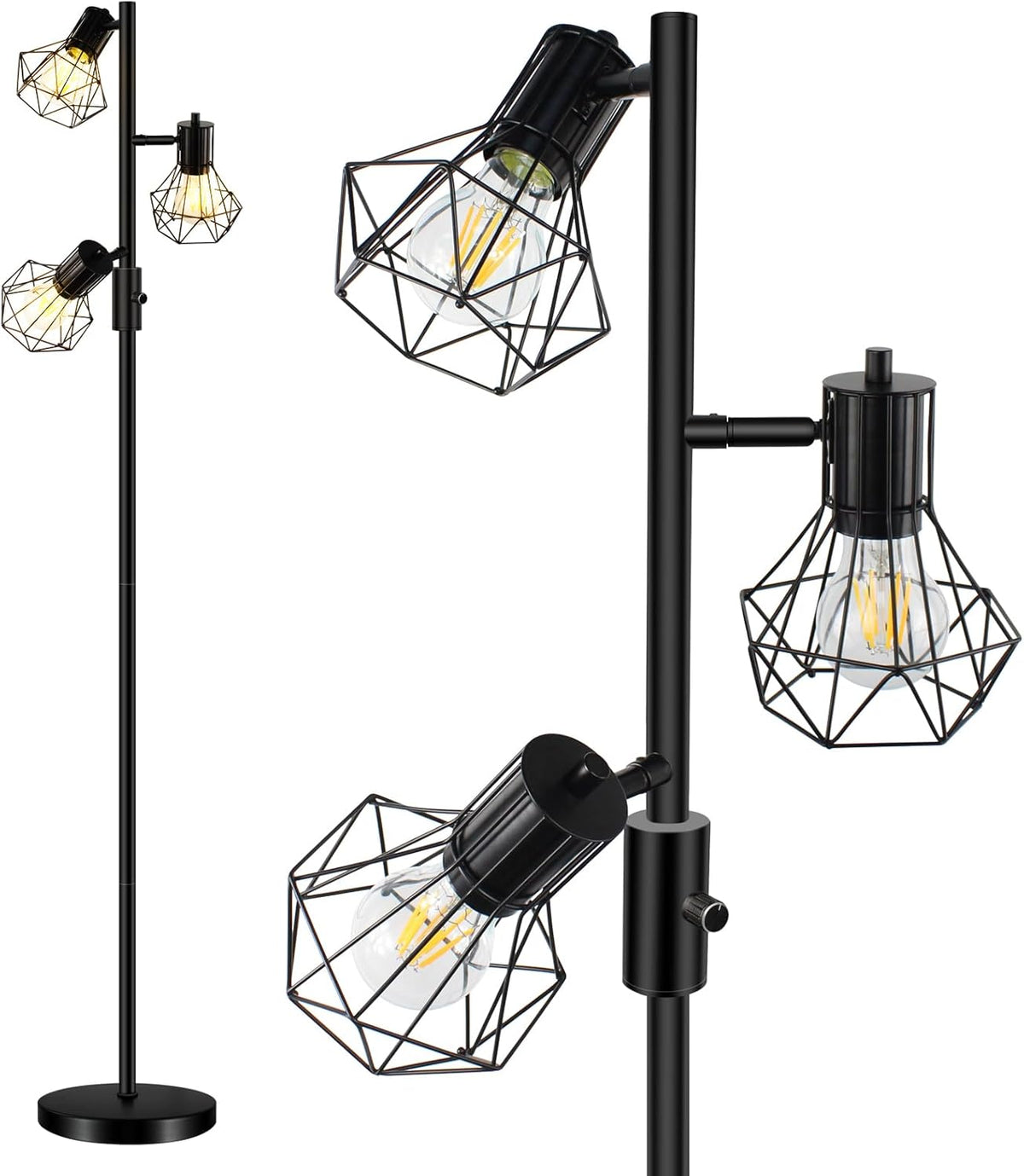 Black floor lamp with geometric wire cage shades on a white background