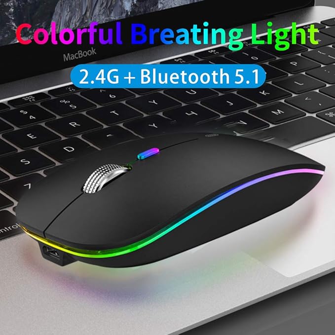 Black gaming mouse with RGB lighting on a laptop keyboard, featuring text about color-changing light and wireless connectivity.