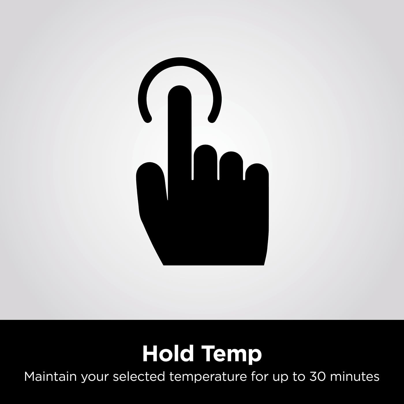 Black icon of a hand pressing a button with text 'Hold Temp' on a gray background