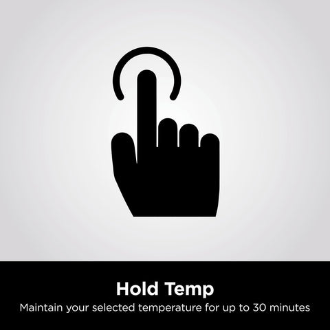 Black icon of a hand pressing a button with text 'Hold Temp' on a gray background