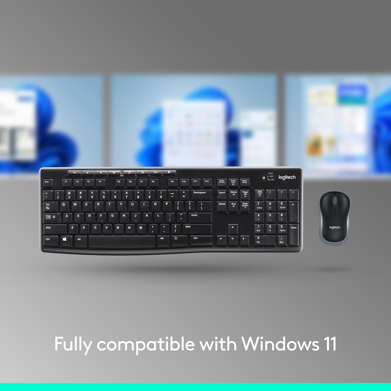 Black keyboard and mouse set with Logitech logo on a white background