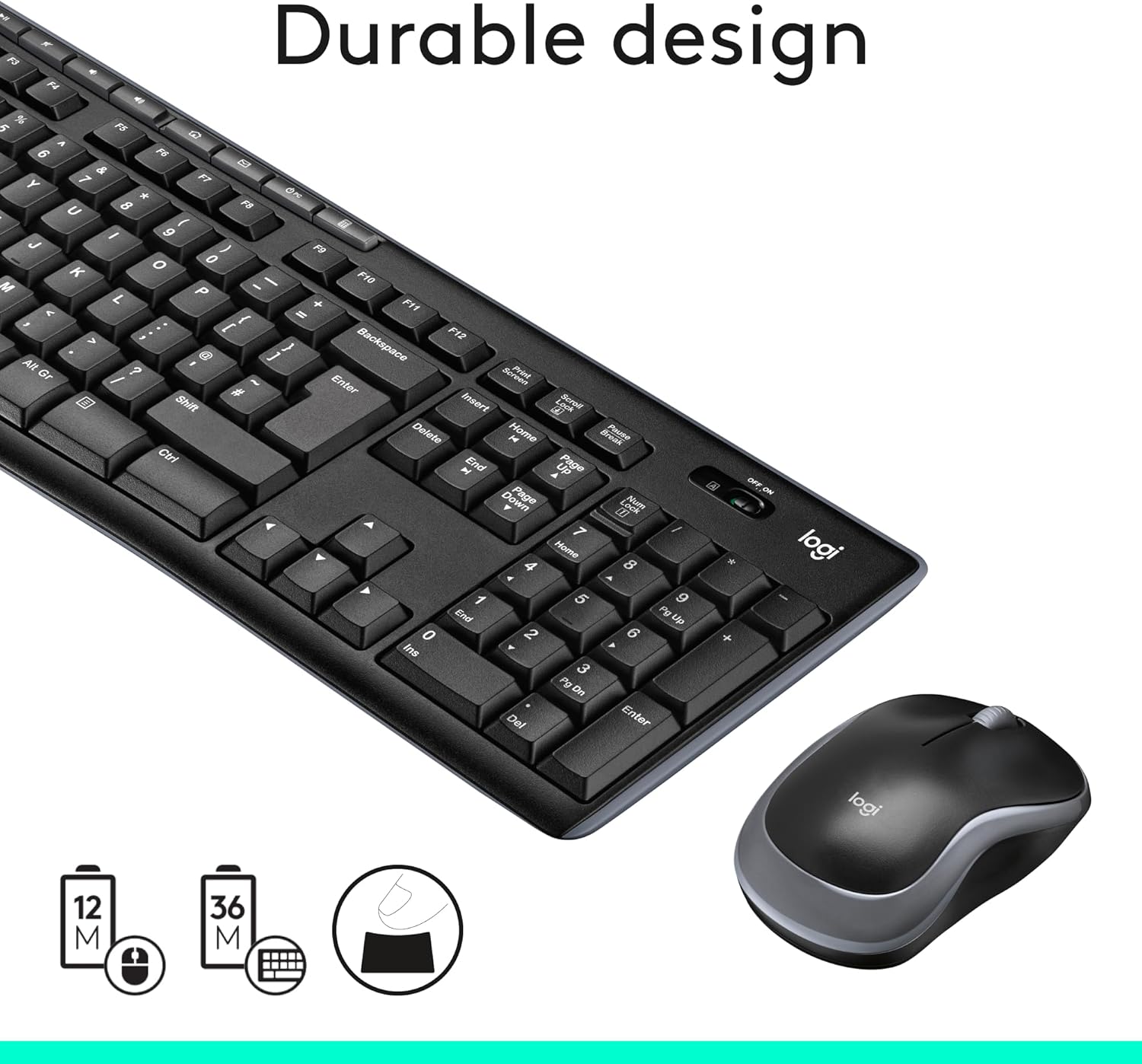 Black keyboard and mouse set with Logitech logo on a white background