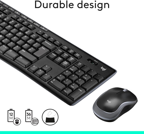 Black keyboard and mouse set with Logitech logo on a white background