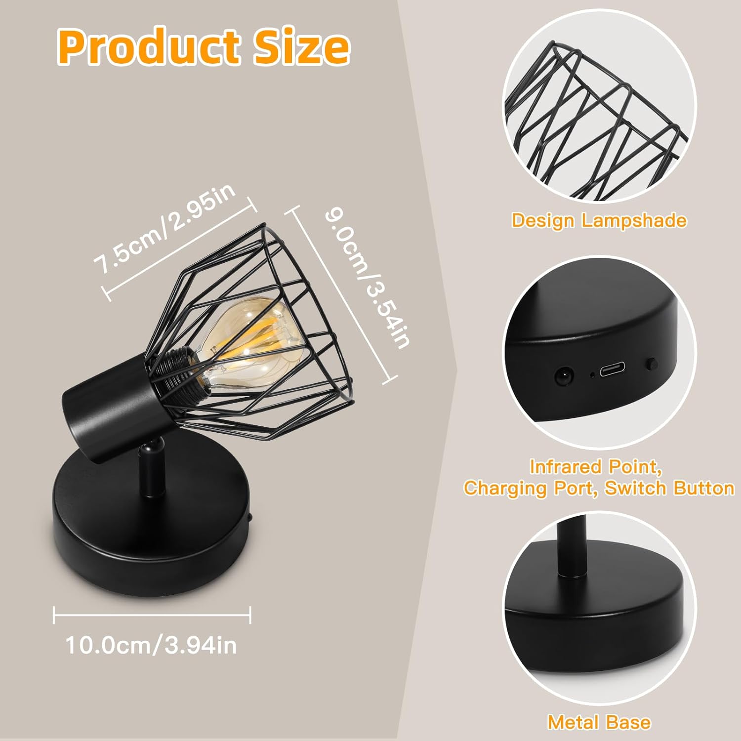 Black lamp with dimensions and features highlighted on a beige background