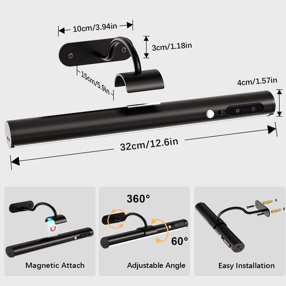 Black lamp with measurements and features on a white background