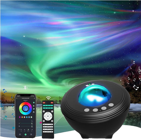 Black light projector with remote control and smartphone app on a scenic background