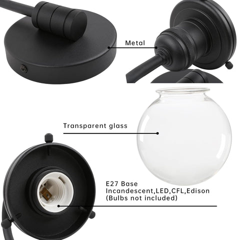 Black metal lamp fixture with transparent glass shade and E27 base on a white background.