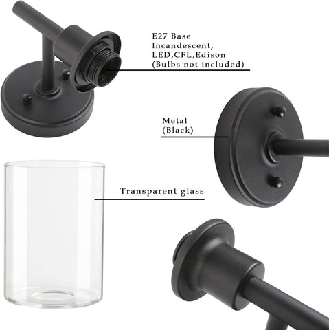 Black metal wall light fixture components with text labels on a white background