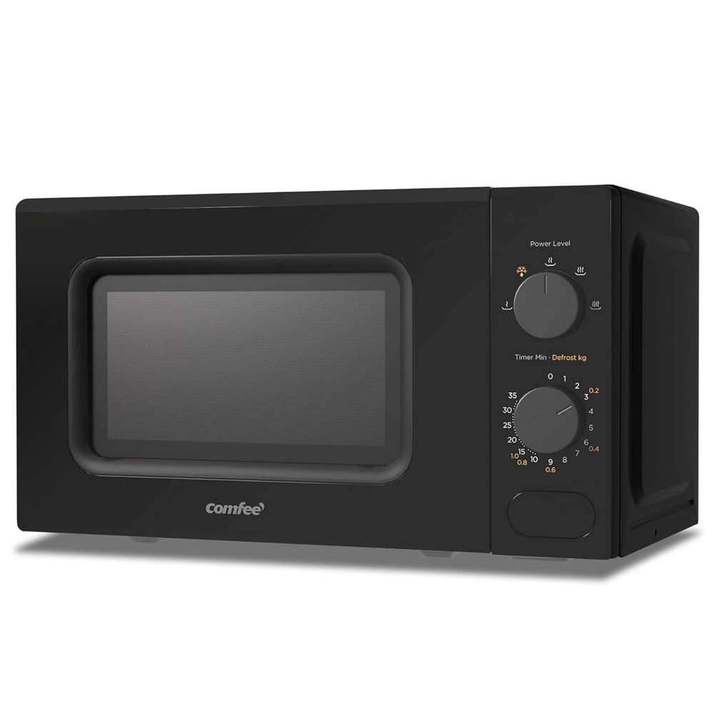 Black microwave oven with control panel on a white background